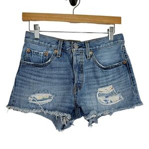 Levi's 501 Womens Distrssed Cut-off Button Fly Denim Shorts Sz 26 Blue Fray Hem